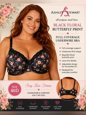 Ashley Stewart Black Floral Butterfly Print Full
Coverage Underwire Bra 46D NWT